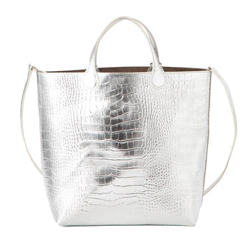 Marco Masi Milano Fashion Large Leather Crocodile Embossed Lightweight Tote Bag - Glacier Silver