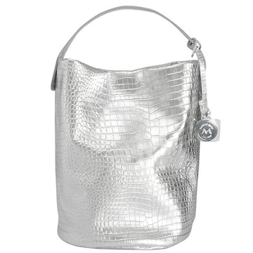 Marco Masi Milano Calfskin Crocodile Embossed Silver Bucket Bag / Shoulder Bag - Glacier Silver