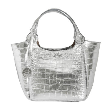 Marco Masi Milano Calfskin Crocodile Embossed Silver Handbag/Shoulder Bag - Glacier Silver